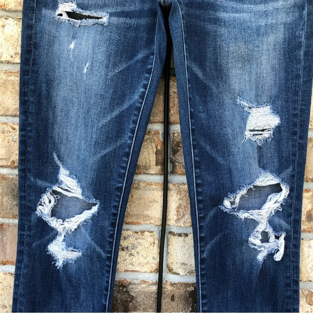 A E O Super Stretch X Ripped Distressed Blue Wash Mid Rise Skinny Jeans 6_3